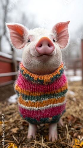 Pig wearing a colorful wool sweater.