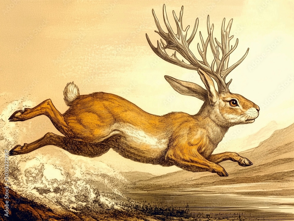 Naklejka premium Jackalope, a mythical hybrid of hare and antelope