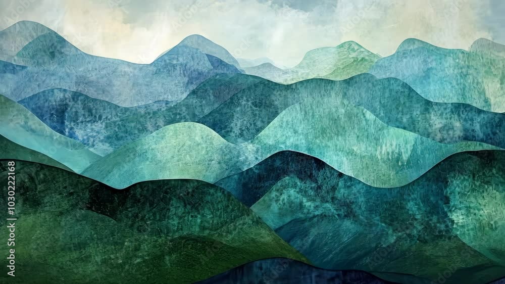 A watercolor painting of a mountain range in shades of blue and green