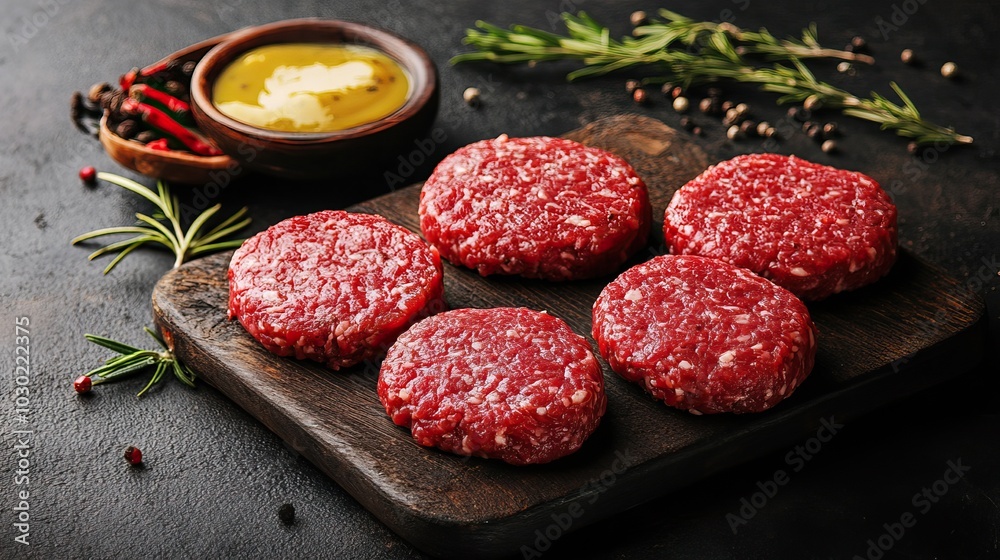 Raw Meat Patties on Wooden Board Raw Meat Patties on Wooden Board