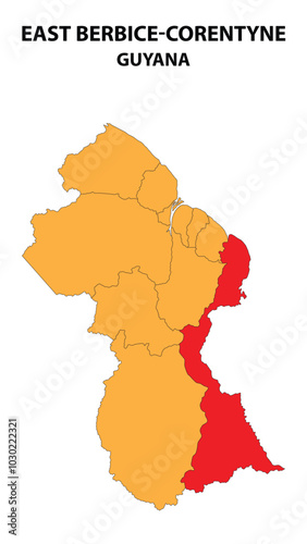 East Berbice-Corentyne Map is highlighted on the Guyana map with detailed state and region outlines.