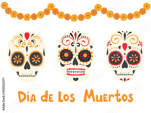 Marigold flowers garland and sugar skull on day of dead, vector banner. Dia de Los Muertos holiday fiesta background with Mexican calavera skulls and floral ornament for greeting card