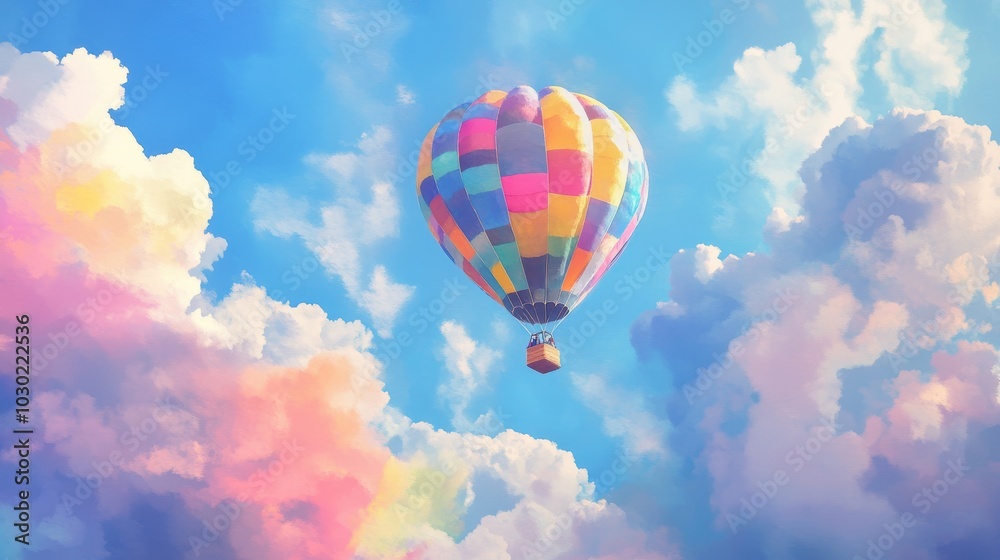 Naklejka premium Colorful hot air balloon ascends in a bright blue sky.