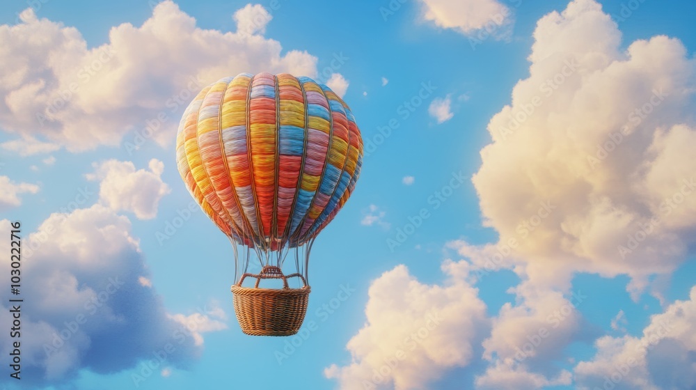 Naklejka premium Colorful hot air balloon floats in blue sky.