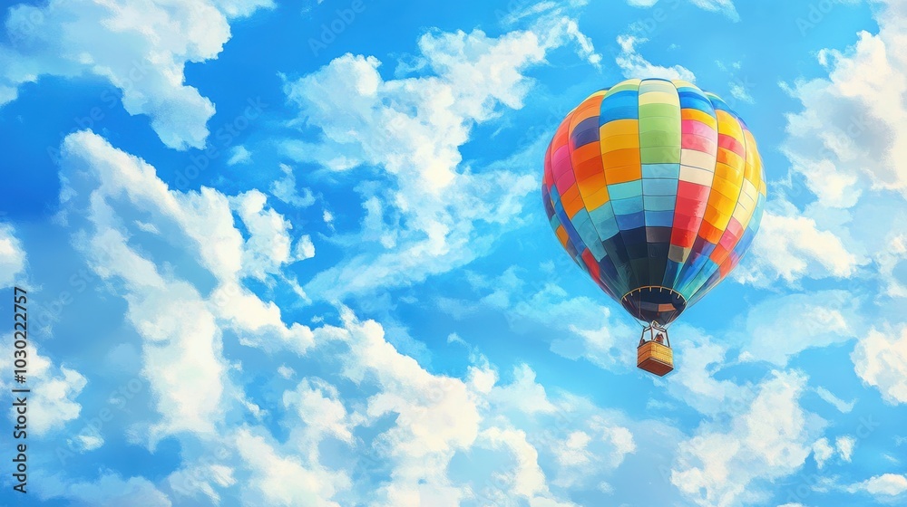 Fototapeta premium Colorful hot air balloon floats in blue sky.