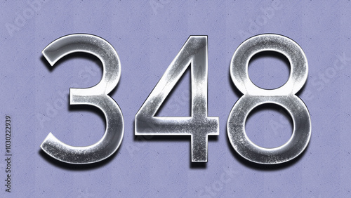 3D Chrome number design of 348 on purple wall.