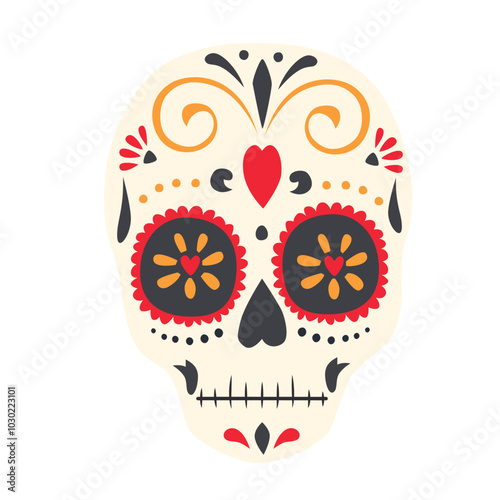 Mexican sugar skull. Day of the Dead Skull. Dia de los Muertos. Design element for logo, emblem, sign, poster, card, banner. Vector illustration isolated on white background.
