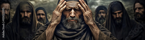  hands covering the eyes of an old man, against a sky background,  photo