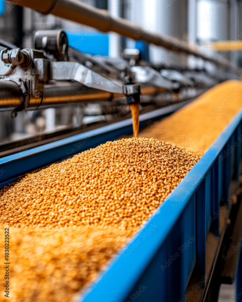 A conveyor system transports grains smoothly, showcasing the rich texture and vibrant color of the seeds as they flow in a factory setting. A conveyor system transports grains smoothly, showcasing the rich texture and vibrant color of the seeds as they flow in a factory setting.