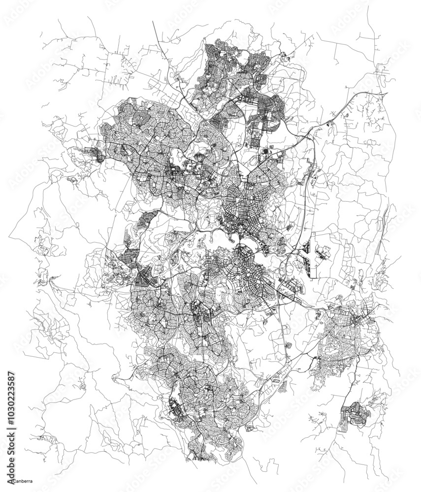 Fototapeta premium Canberra city map with roads and streets, Australia. Vector outline illustration.