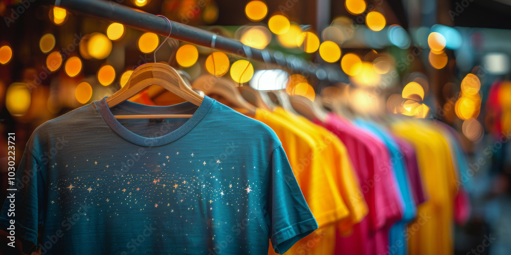 Fototapeta premium Colorful tie dye shirts displayed at a vibrant market during a sunny afternoon