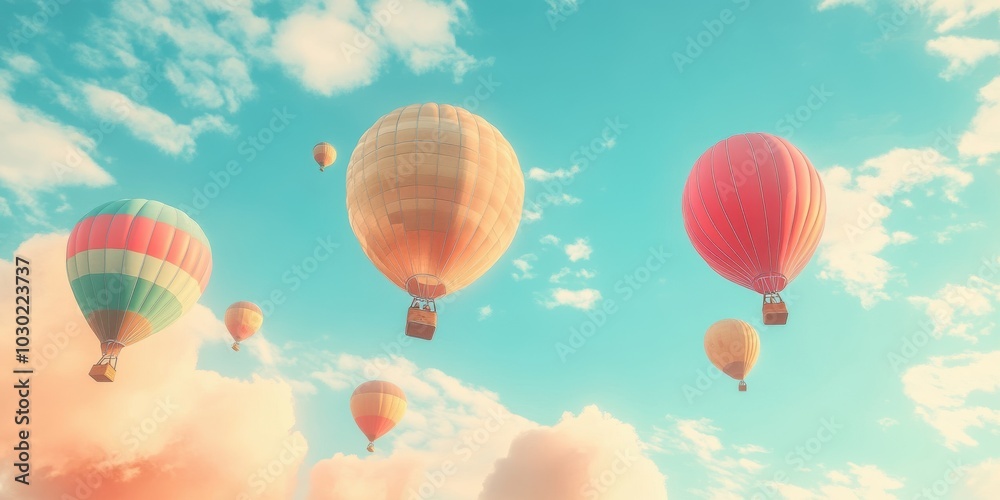 Naklejka premium Hot air balloons flying through a blue sky.