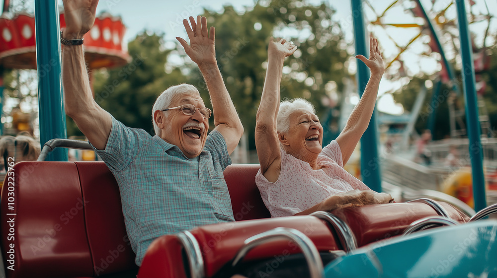 Elderly Seniors Joyfully Enjoying a Thrilling Roller Coaster Ride at an Amusement Park, Capturing Joy and Excitement in Every Moment