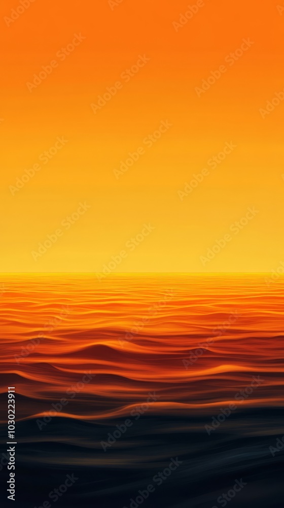 Obraz premium A serene ocean at sunset, featuring vibrant orange and yellow hues blending with undulating waves, creating a tranquil atmosphere.