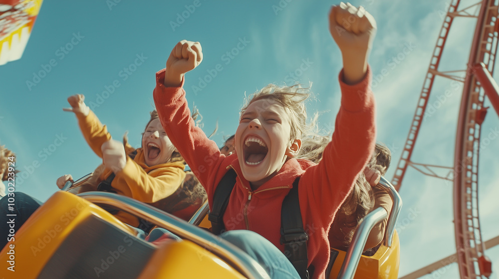 Excited Child Enjoy a Thrilling Roller Coaster Ride at an Amusement Park on a Sunny Day