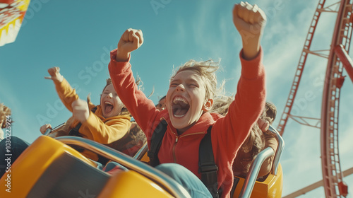 Obraz na płótnie Excited Child Enjoy a Thrilling Roller Coaster Ride at an Amusement Park on a Sunny Day w salonie