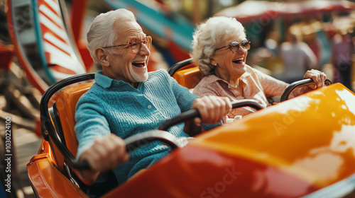 Obraz na płótnie Elderly Couple Experiencing Thrilling Joy on a Roller Coaster Ride at the Amusement Park, Showcasing Pure Fun and Delight in Every Moment w salonie
