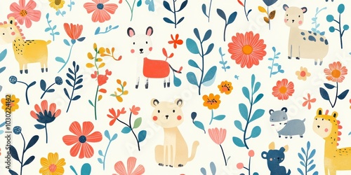 Animals and flowers in a garden illustration.
