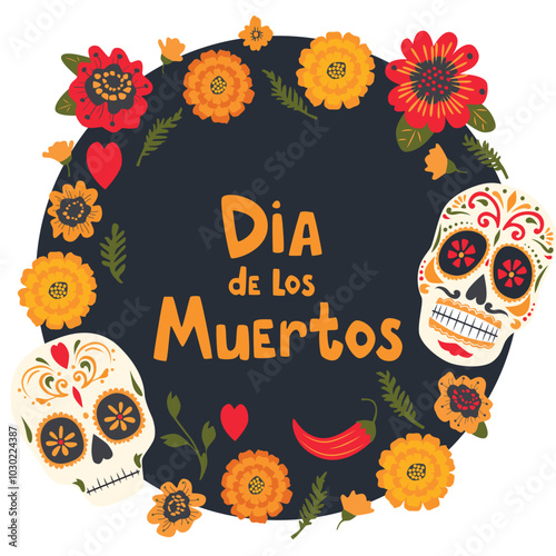 Marigold flowers and sugar skull on day of dead, vector banner. Dia de Los Muertos holiday fiesta background with Mexican calavera skulls and floral ornament for greeting card