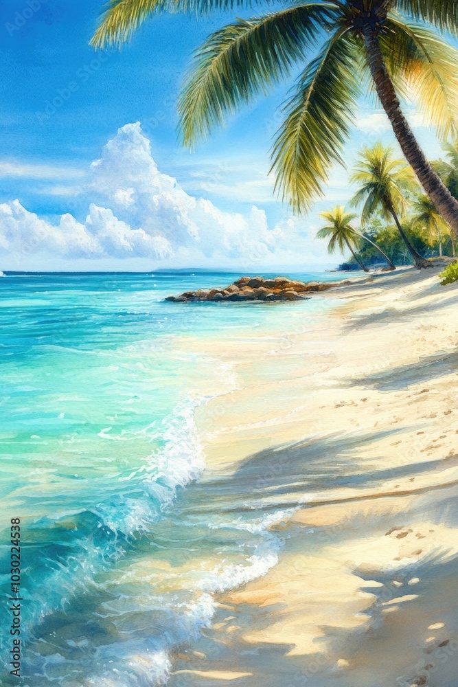 Tropical Paradise: Beautiful Seascape with Palm Trees and Crystal Clear Blue Water Tropical Paradise: Beautiful Seascape with Palm Trees and Crystal Clear Blue Water