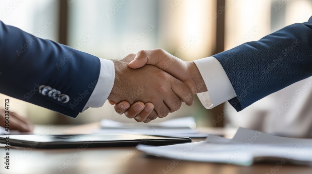 Two professionals shake hands in a bright, modern office, symbolizing the successful conclusion of a negotiation for a partnership. Documents and a tablet are visible on the table. Two professionals shake hands in a bright, modern office, symbolizing the successful conclusion of a negotiation for a partnership. Documents and a tablet are visible on the table.