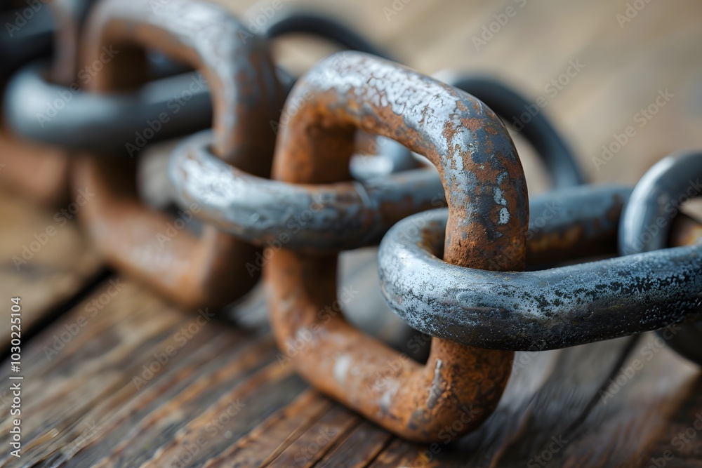Fototapeta premium Rusty Metal Chain Links on Wooden Surface - Strength and Decay Concept for Industrial Design
