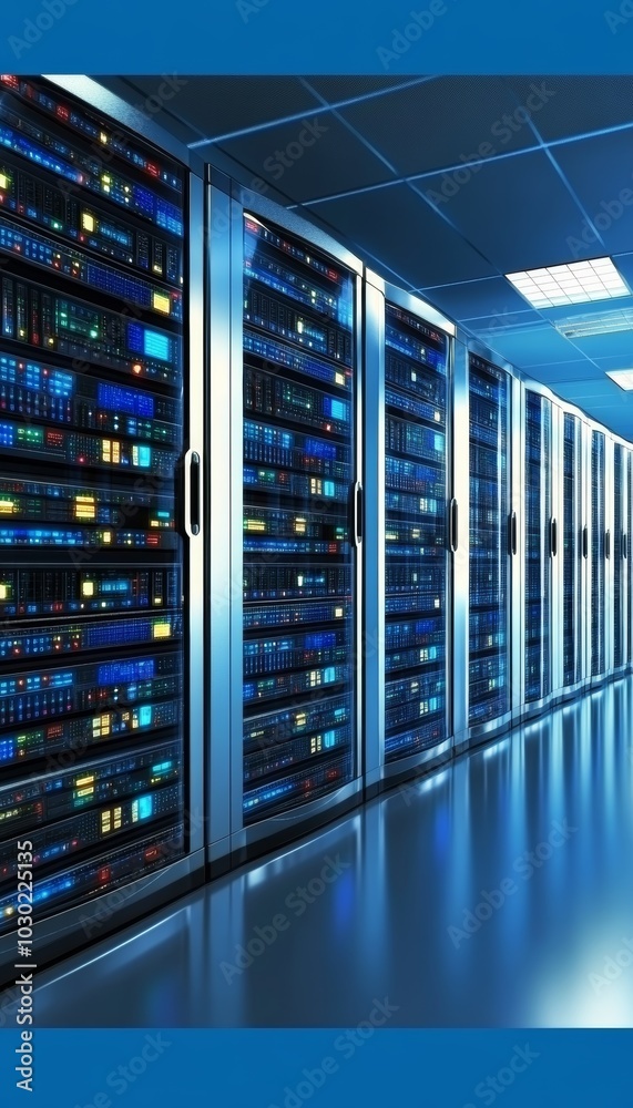 Modern Data Technology Center With Rows of Server Racks and Network Hardware Equipment Modern Data Technology Center With Rows of Server Racks and Network Hardware Equipment