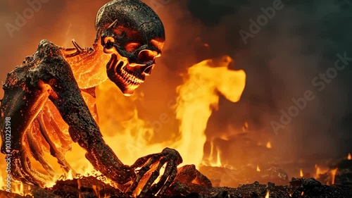 A skeletal figure burns in a fiery inferno, its bones glowing with an eerie orange light
