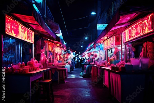 night market lanes neon lights and bustling stalls in a night ma