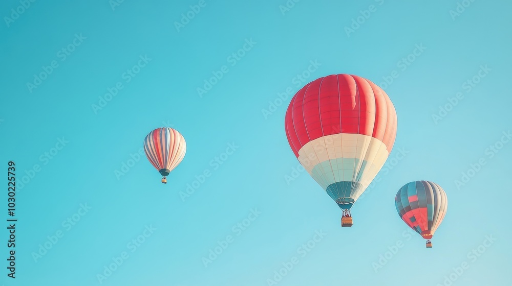 Naklejka premium Three hot air balloons in a blue sky.