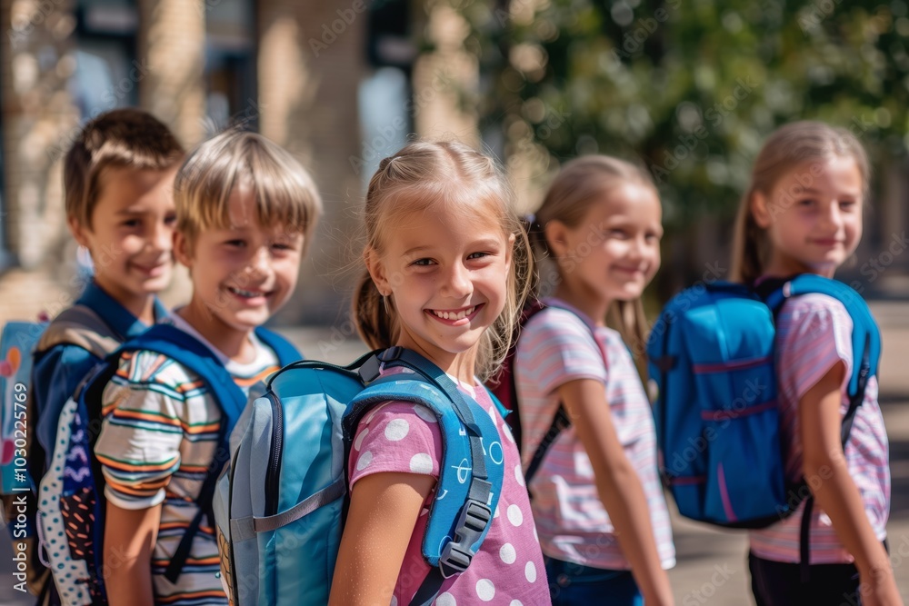 A group of smiling schoolchildren with backpacks walking down the street A group of smiling schoolchildren with backpacks walking down the street