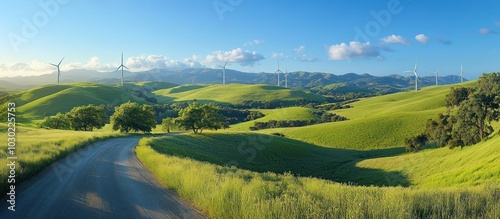 Rolling green hills with a winding road leading through them, with wind turbines in the background.