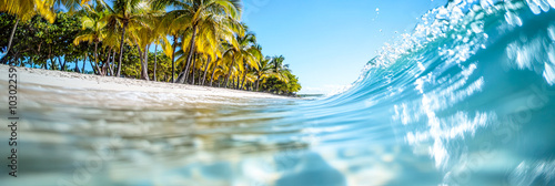 Ein tropischer Strand mit Palmen und blauem Himmel  photo