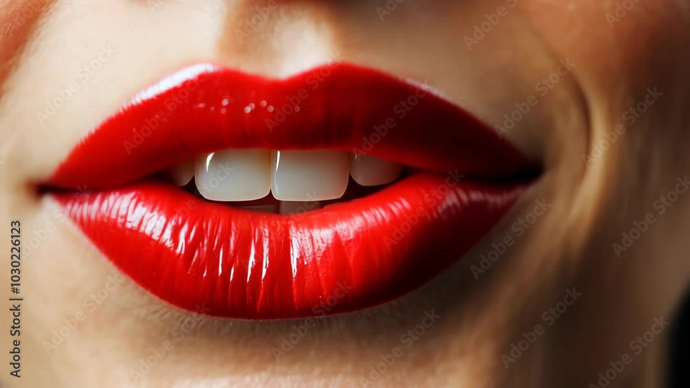 A close-up of a woman's lips, painted a bright red, with a subtle smile A close-up of a woman's lips, painted a bright red, with a subtle smile