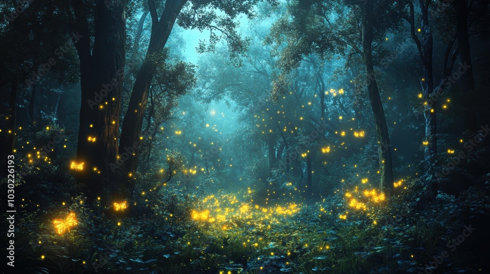 Obraz premium Glowing butterflies in a dark forest.