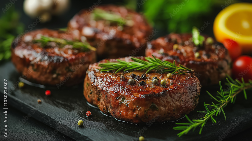 Four pieces of meat with rosemary on top. The meat is cooked and looks delicious. The table is set with a variety of food, including a tomato and an orange Four pieces of meat with rosemary on top. The meat is cooked and looks delicious. The table is set with a variety of food, including a tomato and an orange