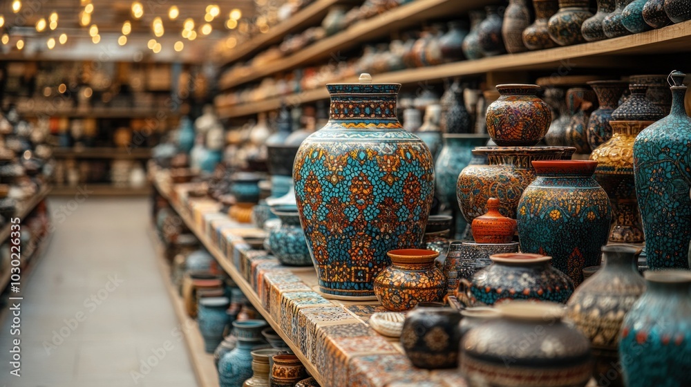 Fototapeta premium Colorful Pottery Showcase in Global Marketplace