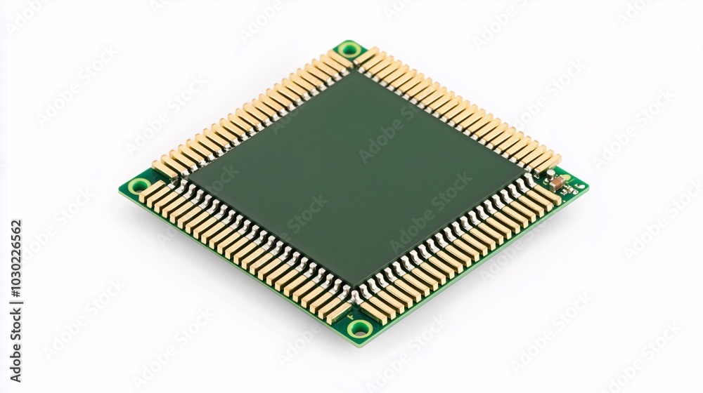 A green microchip with gold connectors on a white background, ideal for technology and electronics themes A green microchip with gold connectors on a white background, ideal for technology and electronics themes