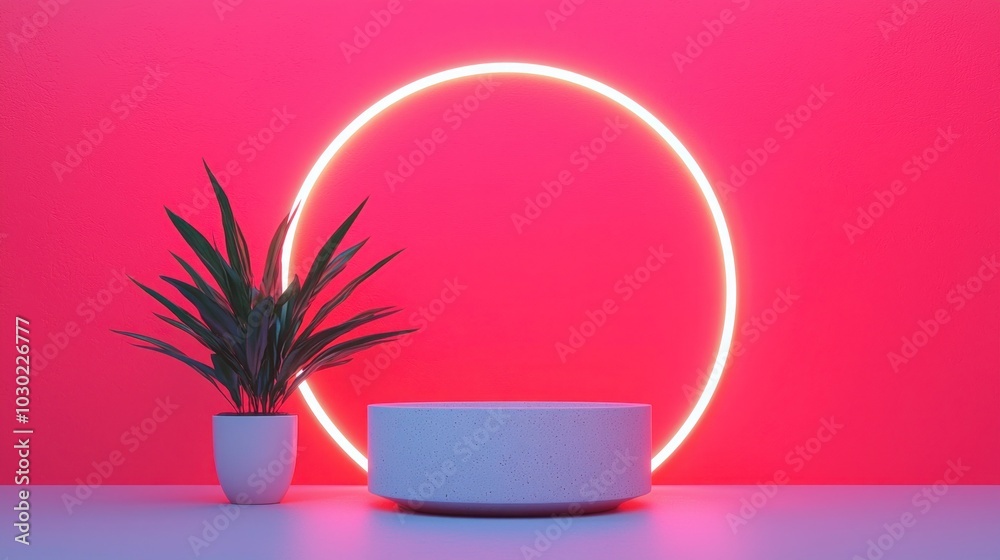 Modern Plant Decor with Neon Circle Background Modern Plant Decor with Neon Circle Background