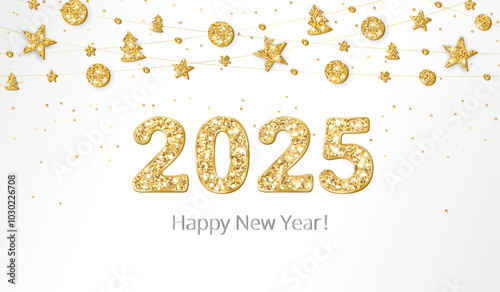 Happy New Year banner. 2025 gold glitter numbers. Christmas glitter decoration with balls, trees and stars. Golden celebration background. For holiday headers, party flyers. Vector illustration.