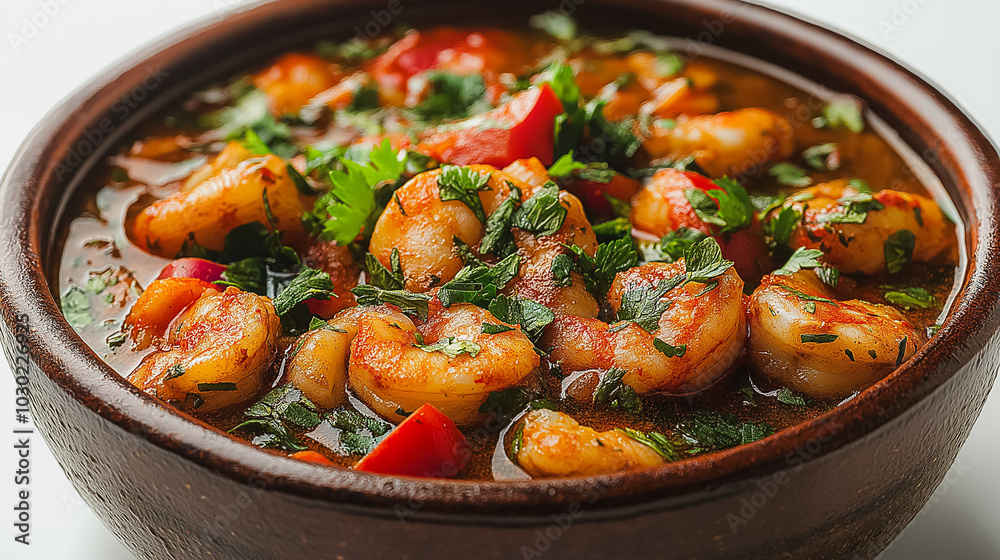 A bowl of shrimp and vegetables with a lot of seasoning