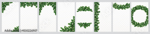 Christmas tree decoration. Holiday garland, festive corner, Christmas wreath. Frame, branch with Christmas lights. Vertical format for social media.Transparent background can be removed in vector file