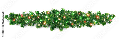 Christmas tree garlands. Realistic pine-tree branches with colorful red and green Christmas lights. Decoration for holiday banners, party posters, greeting cards, packaging, social media, merchandise.