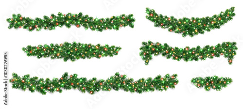 Christmas tree garlands. Realistic pine-tree branches with colorful red and green Christmas lights. Decoration for holiday banners, party posters, greeting cards, packaging, social media, merchandise.