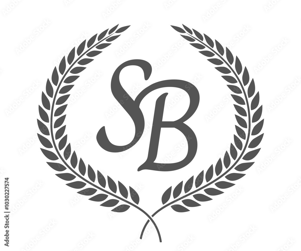 Naklejka premium Initial letter S and B, SB monogram logo design with laurel wreath. Luxury calligraphy font.