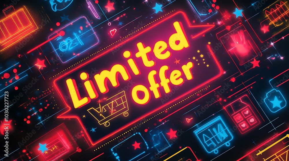 A vibrant collage of overlapping sale banners, bold “Limited Time Offer” text glowing in neon red and yellow, scattered stars and shopping cart icons, glowing percentage signs, A vibrant collage of overlapping sale banners, bold “Limited Time Offer” text glowing in neon red and yellow, scattered stars and shopping cart icons, glowing percentage signs,