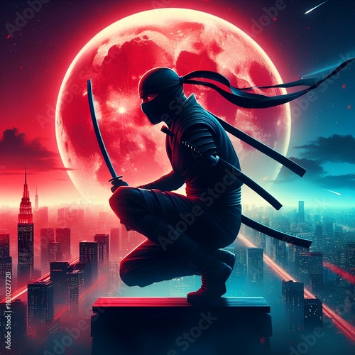 Cool 2D illustration of modern ninja and big red moon, cinematic colors of the city.