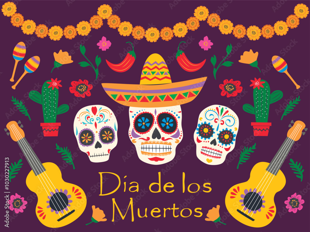 Marigold flowers and sugar skull on day of dead, vector banner. Dia de Los Muertos holiday fiesta background with Mexican calavera skulls and floral ornament for greeting card