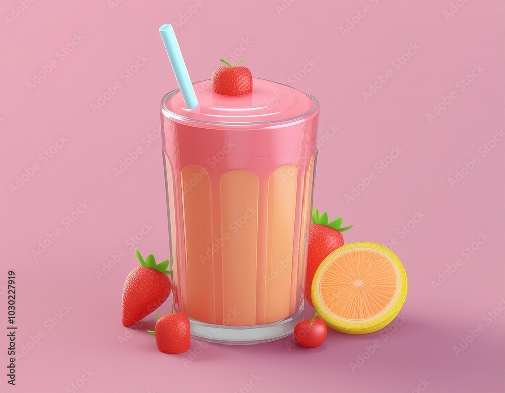 A strawberry milkshake with a straw and fruit garnish, 3D illustration A strawberry milkshake with a straw and fruit garnish, 3D illustration