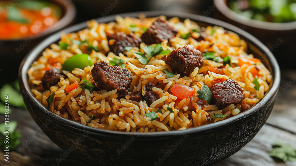 Indian biryani, spiced rice with meat, isolated on white background, traditional Indian dish Indian biryani, spiced rice with meat, isolated on white background, traditional Indian dish